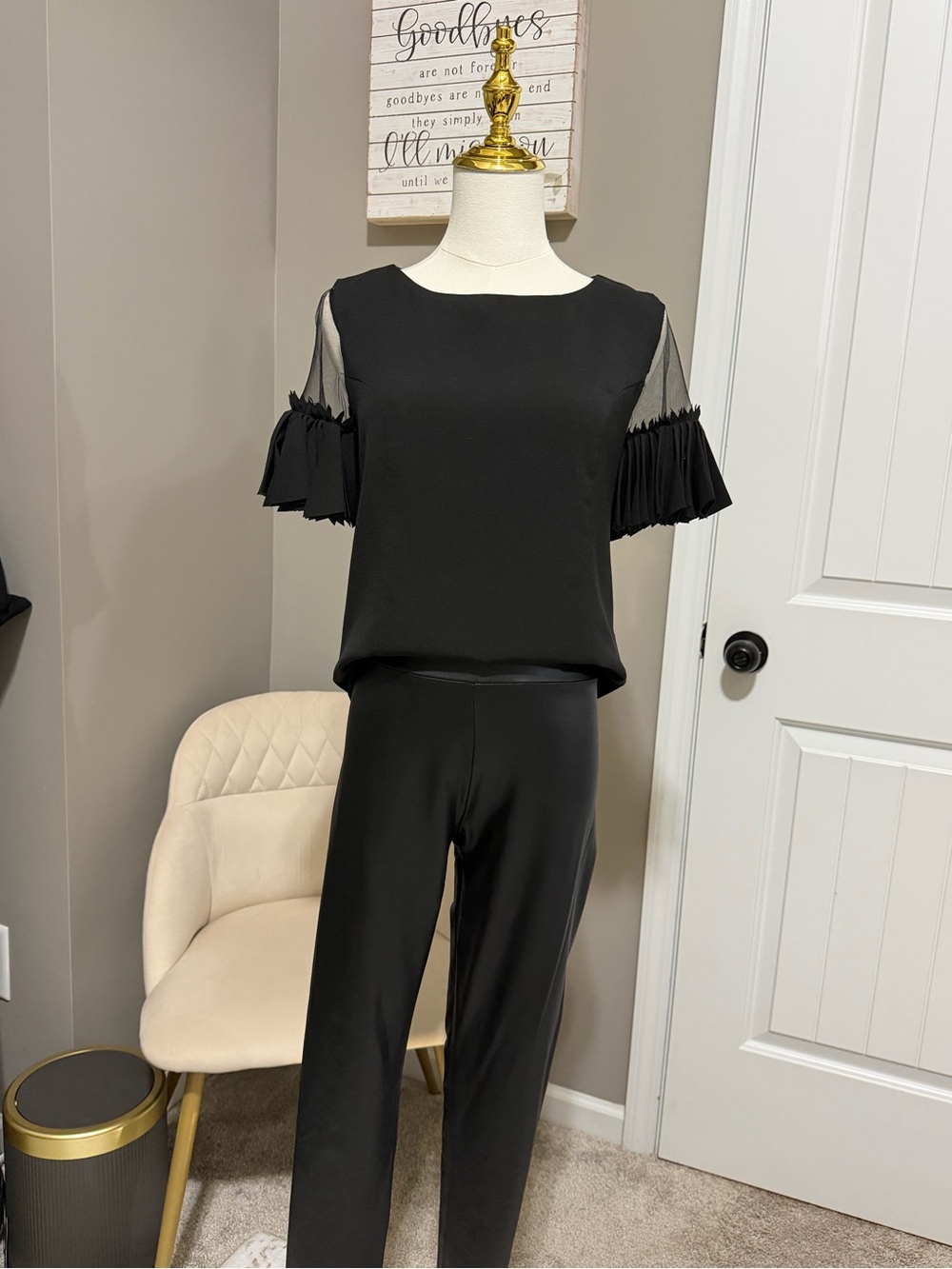 Forever 21 Black Jumpsuit with Sheer Pleated Sleeve Accents
